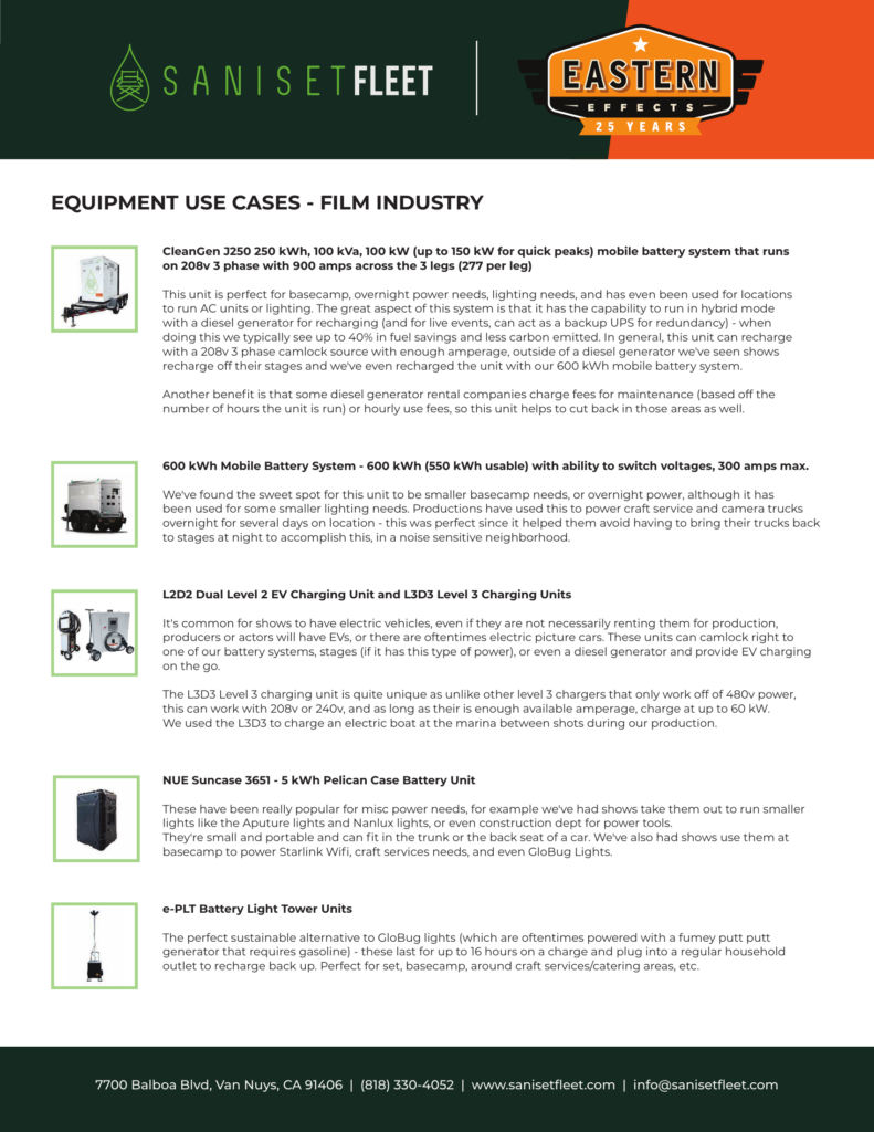 Saniset Fleet equipment use cases for the film industry — mobile battery systems, EV charging units, portable batteries, and light towers