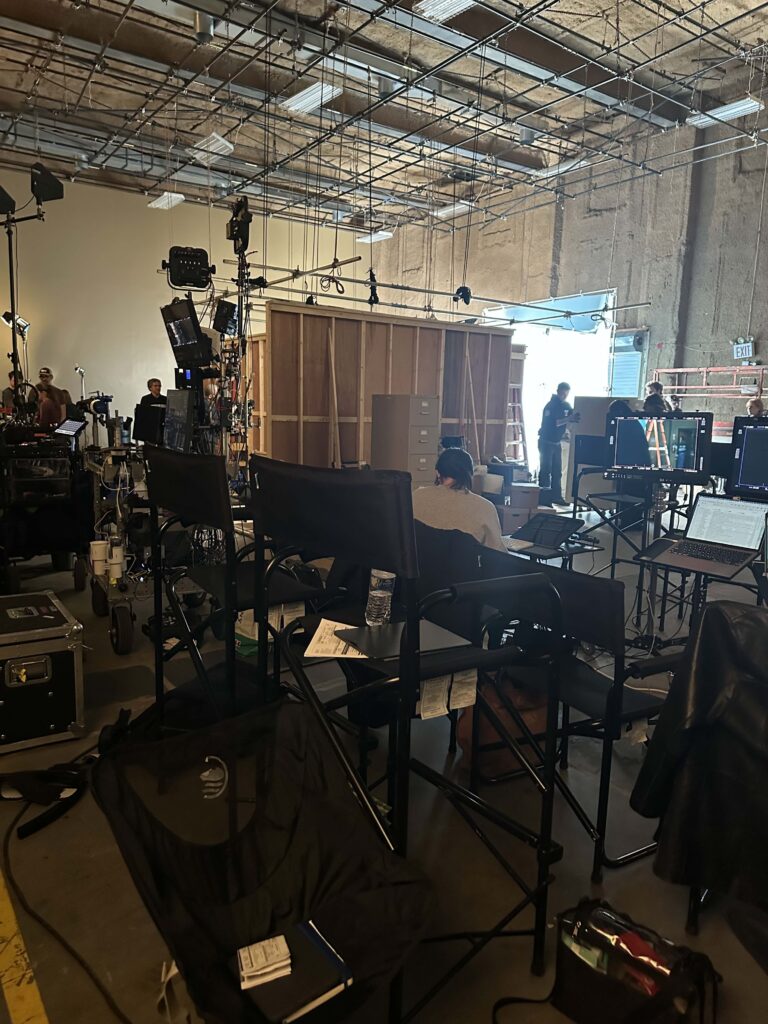 Video village with monitors and equipment carts on stage at Annex 302 in Brooklyn